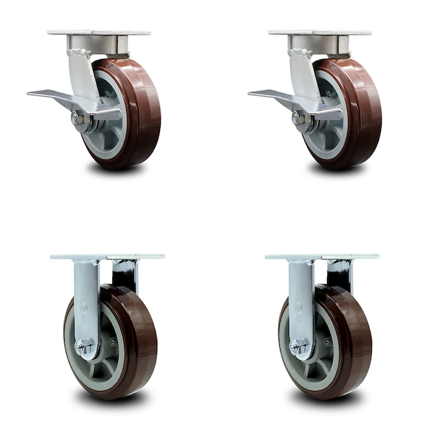 6 Inch Kingpinless Poly on Polyolefin Wheel Caster Brakes 2 Rigid SCC, 2PK